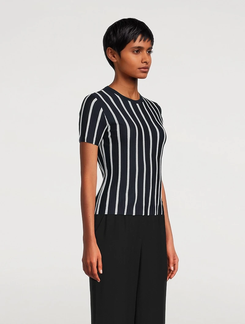Striped Cashmere Silk Short-Sleeve Sweater