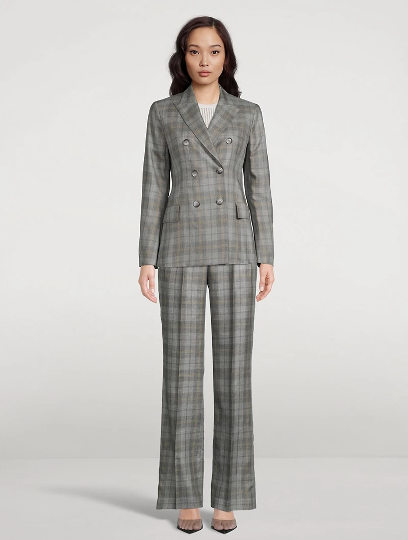 Cashmere Silk Gabardine Double-Breasted Blazer Check Print