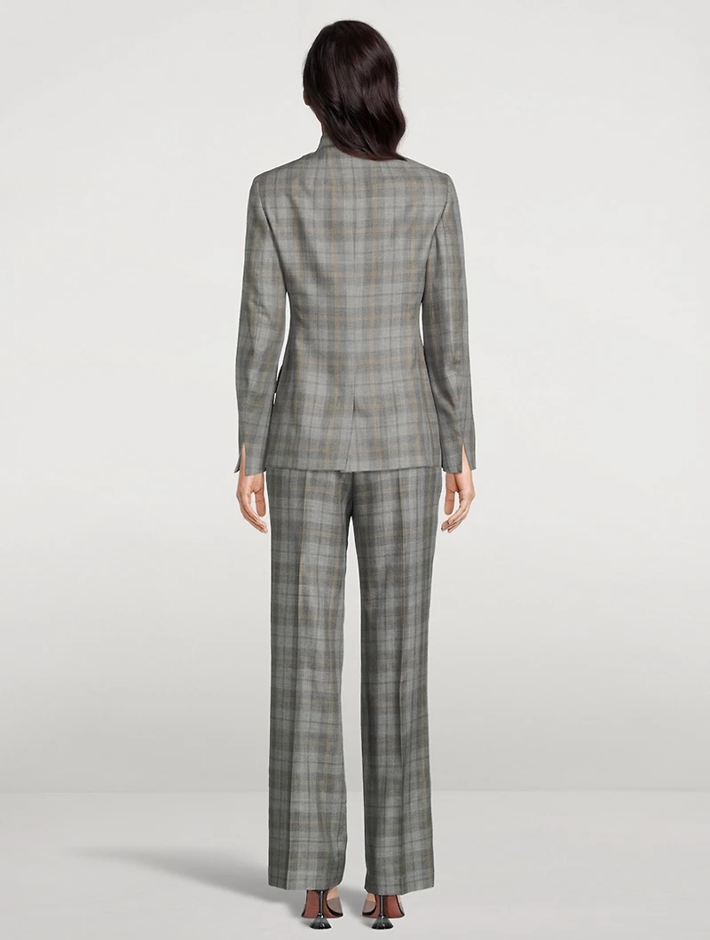 Cashmere Silk Gabardine Double-Breasted Blazer Check Print