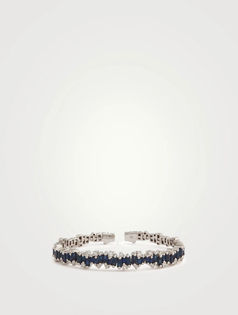 Fireworks 18K White Gold Flexible Bangle Bracelet With Dark Blue Sapphires And Diamonds