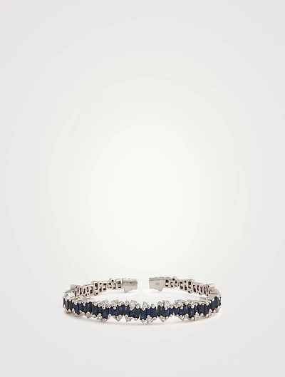 Fireworks 18K White Gold Flexible Bangle Bracelet With Dark Blue Sapphires And Diamonds