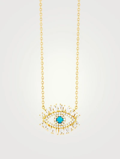 Medium 18K Gold Pavé Evil Eye Pendant Necklace With Turquoise And Diamonds