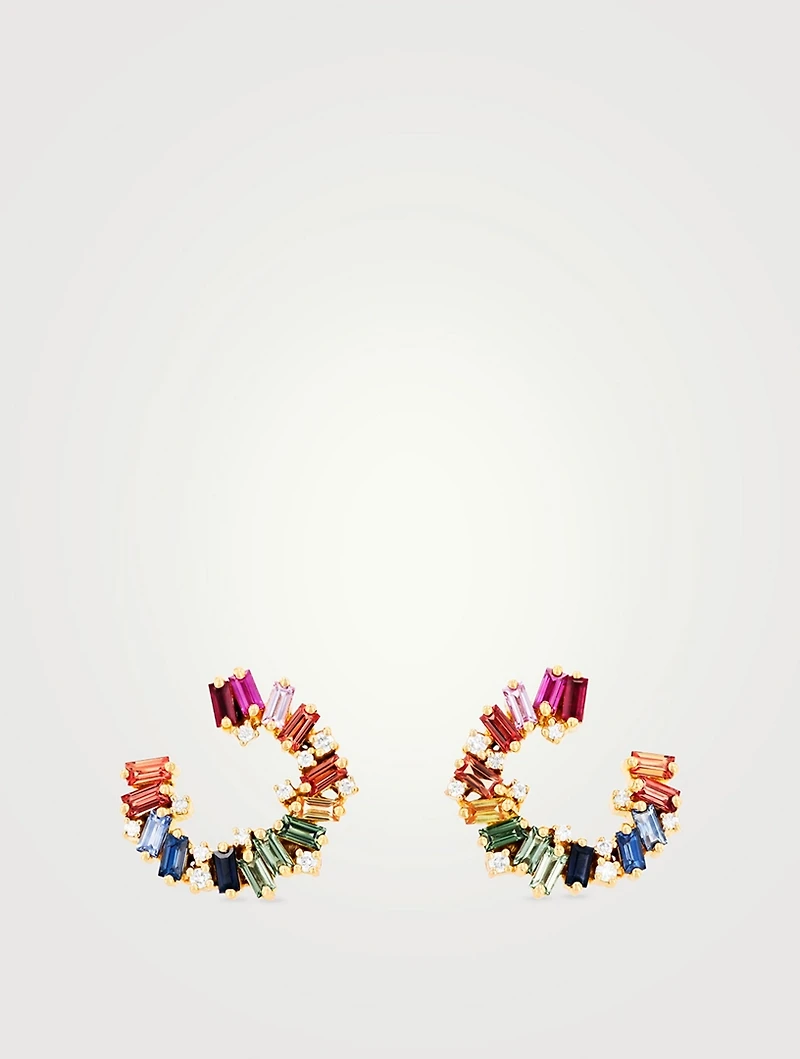 Isla 18K Gold Spiral Hoop Earrings With Rainbow Sapphires And Diamonds