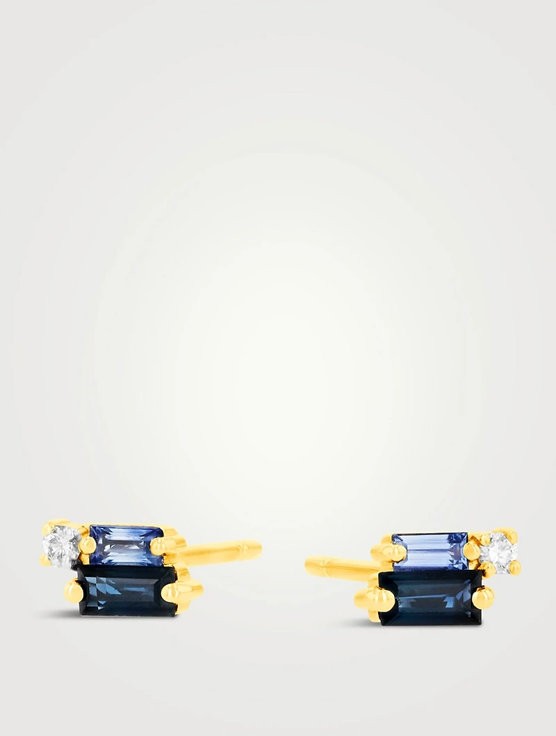 18K Gold Layered Stud Earrings With Blue Sapphires And Diamonds