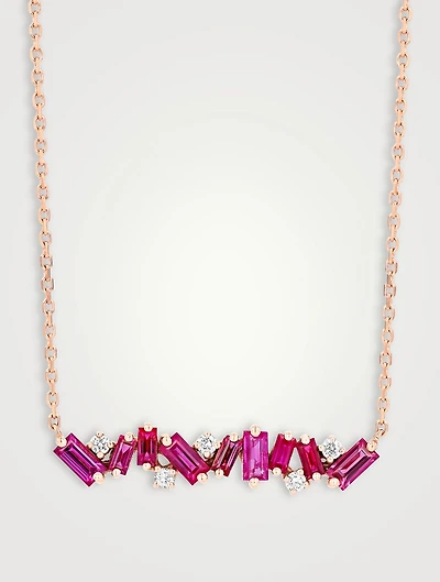 18K Rose Gold Fireworks Bar Necklace Rubies Diamonds