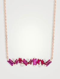 18K Rose Gold Fireworks Bar Necklace Rubies Diamonds