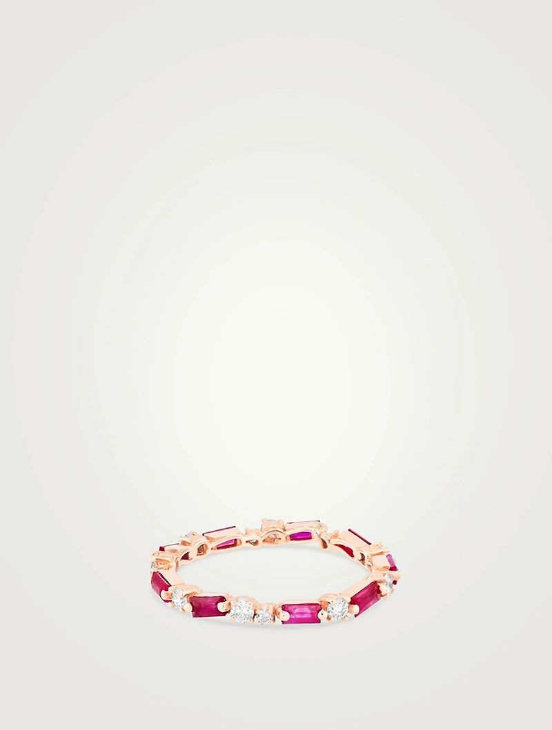 Fireworks 18K Rose Gold Thin Mix Eternity Band Ring With Rubies And Diamonds