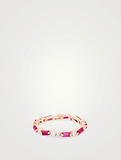 Fireworks 18K Rose Gold Thin Mix Eternity Band Ring With Rubies And Diamonds