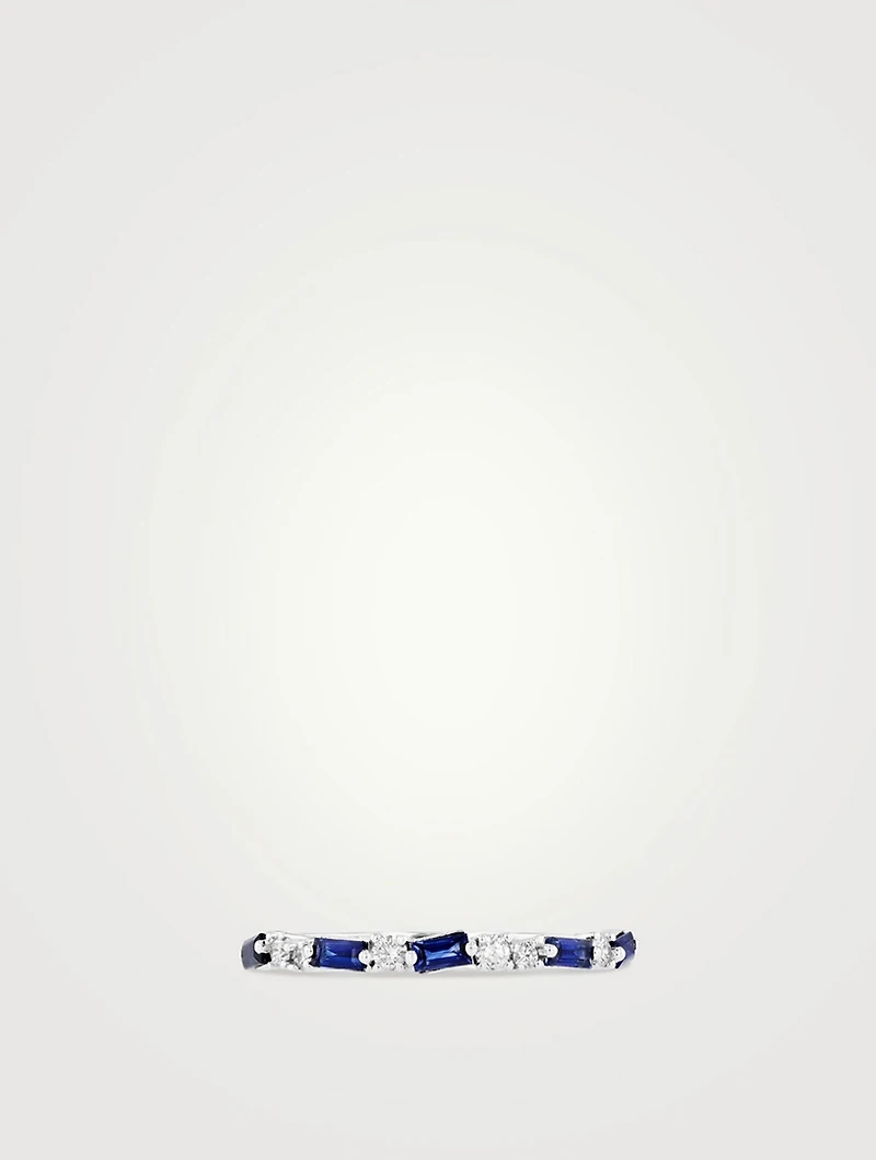 Fireworks 18K White Gold Thin Mix Half Band Ring With Dark Blue Sapphires And Diamonds