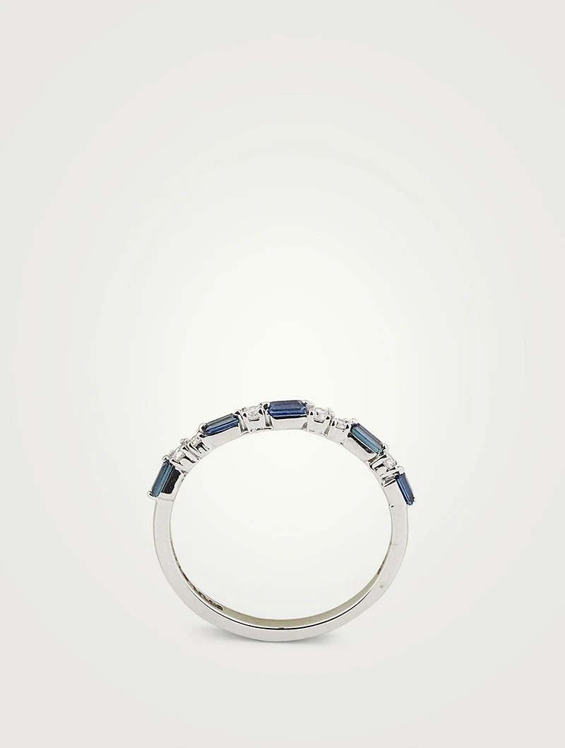 Fireworks 18K White Gold Thin Mix Half Band Ring With Dark Blue Sapphires And Diamonds
