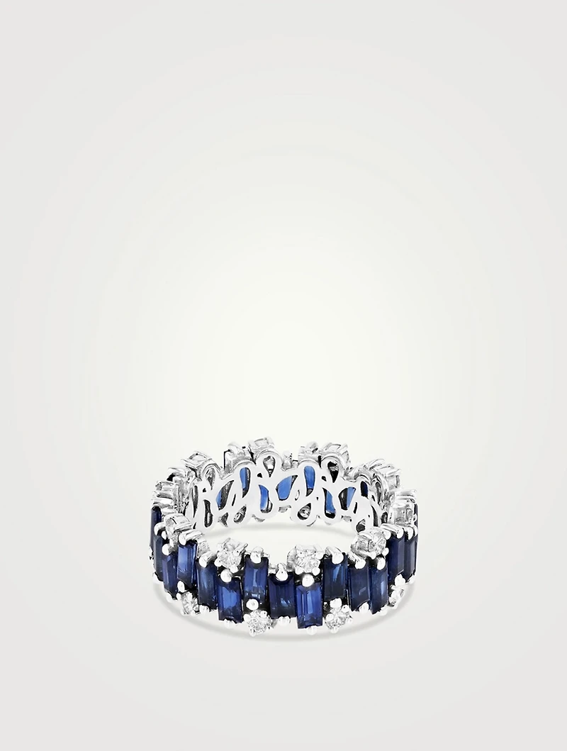 Fireworks 18K White Gold Eternity Band Ring With Dark Blue Sapphires And Diamonds