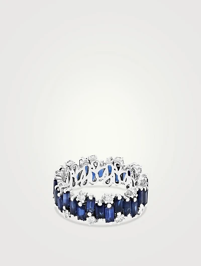 Fireworks 18K White Gold Eternity Band Ring With Dark Blue Sapphires And Diamonds