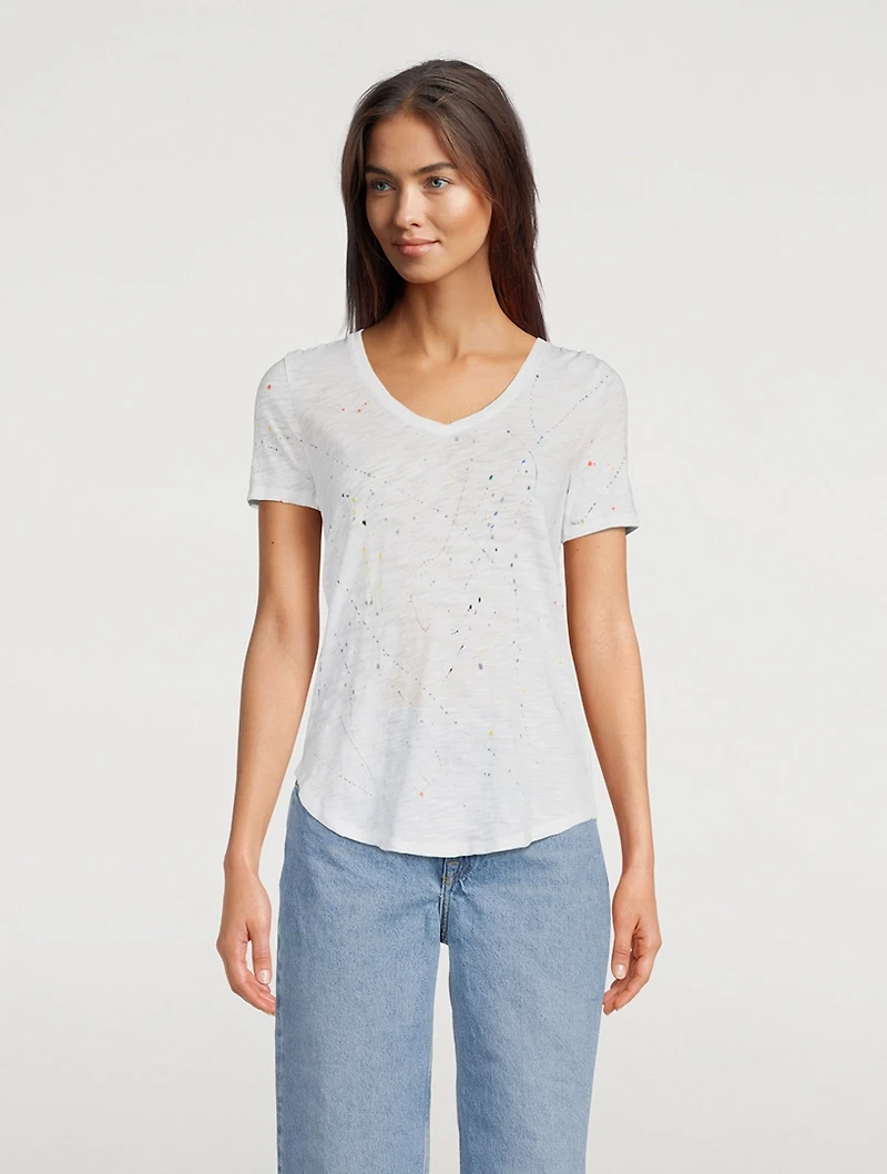 Slub Jersey V-Neck T-Shirt Paint Splatter Print