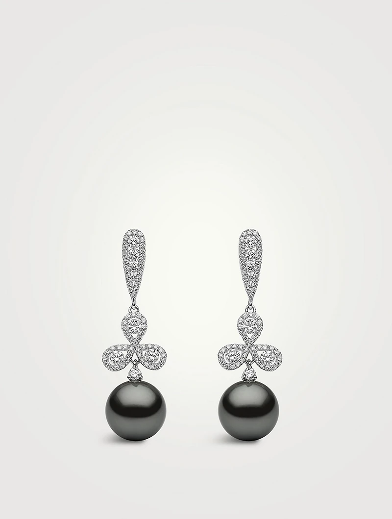 18K White Gold Tahitian Pearl Drop Earrings With Diamonds