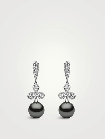 18K White Gold Tahitian Pearl Drop Earrings With Diamonds
