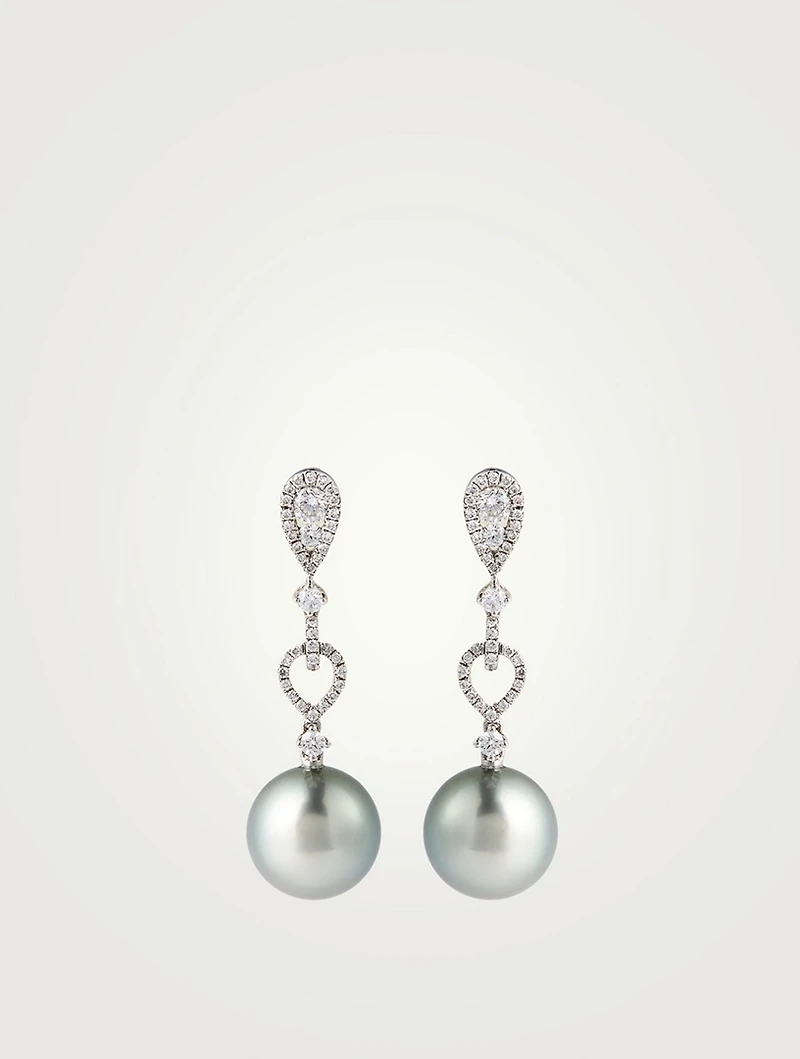 18K White Gold Tahitian Pearl Drop Earrings With Diamonds