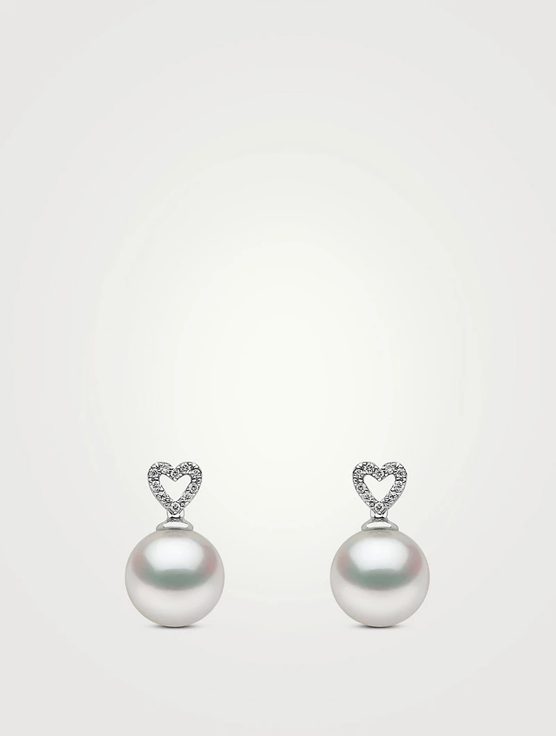 18K White Gold South Sea Pearl Heart Drop Earrings With Diamonds