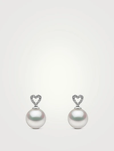 18K White Gold South Sea Pearl Heart Drop Earrings With Diamonds