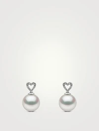 18K White Gold South Sea Pearl Heart Drop Earrings With Diamonds