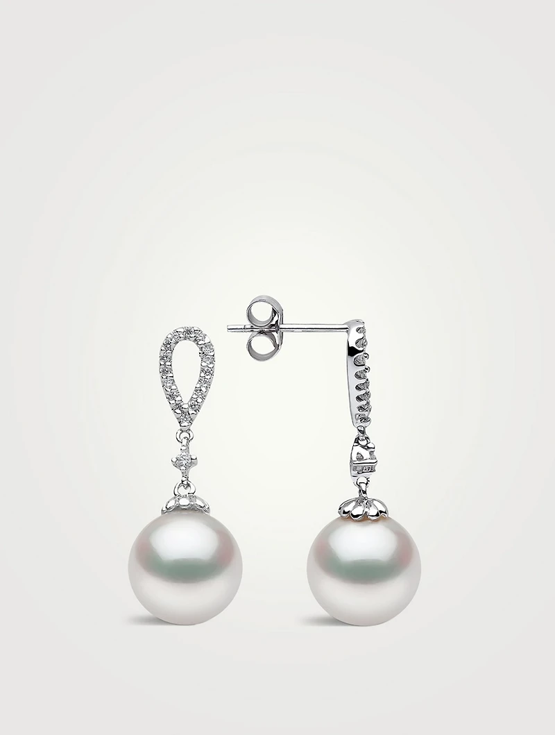 18K White Gold South Sea Pearl Drop Earrings With Diamonds