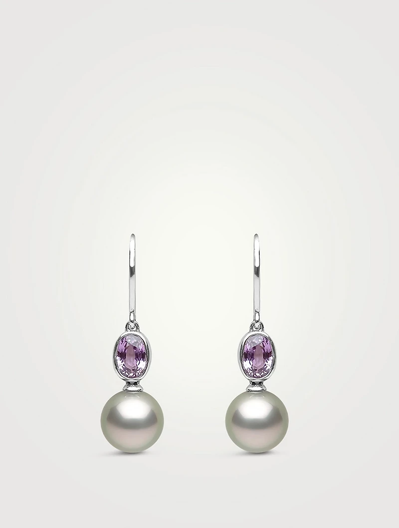 18K White Gold Tahitian Pearl Drop Earrings With Sapphires