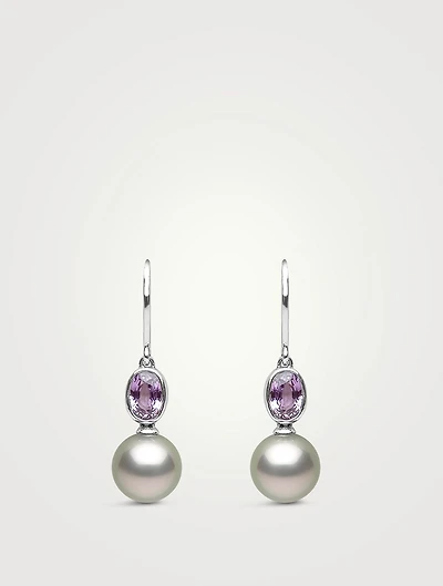 18K White Gold Tahitian Pearl Drop Earrings With Sapphires