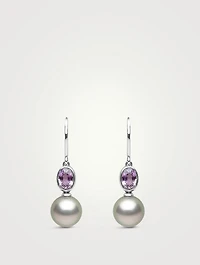 18K White Gold Tahitian Pearl Drop Earrings With Sapphires