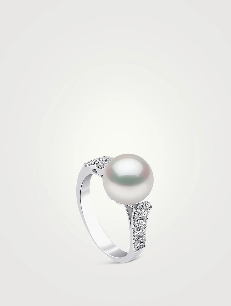 18K White Gold Pearl Ring With Diamonds