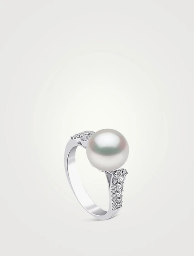 18K White Gold Pearl Ring With Diamonds