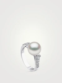 18K White Gold Pearl Ring With Diamonds