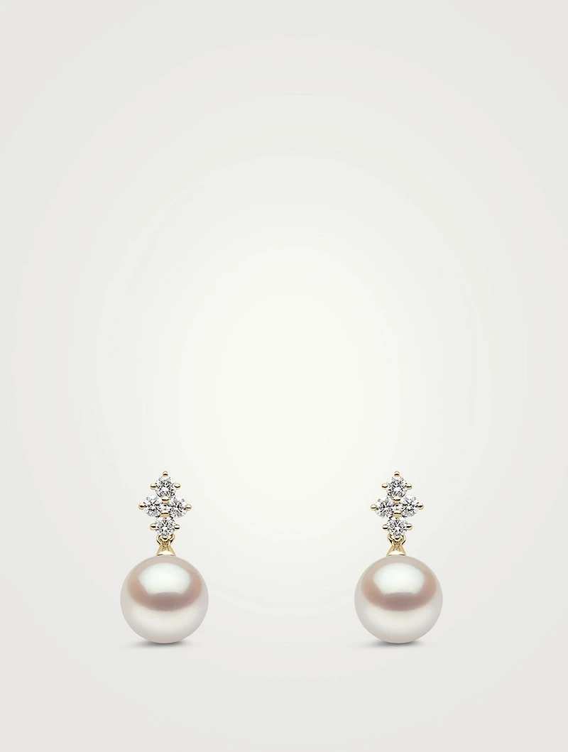 18K Gold Pearl Earrings With Diamonds