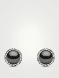 18K White Gold Tahitian Pearl Stud Earrings With Diamonds