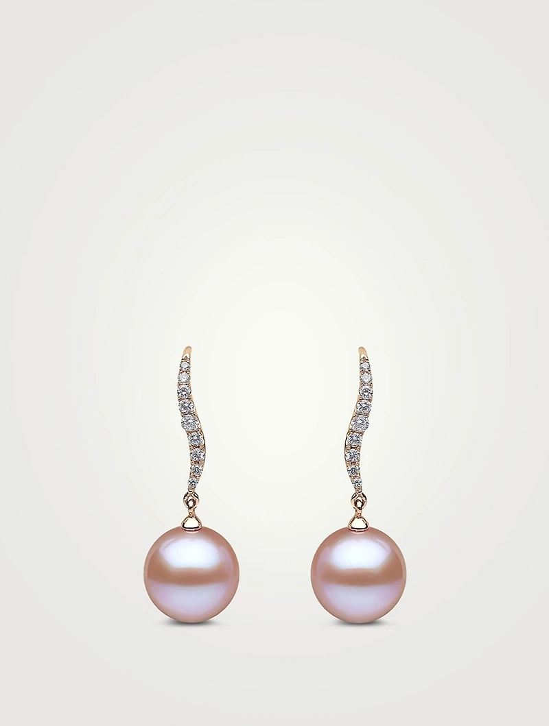 18K Rose Gold Pearl Drop Earrings With Diamonds