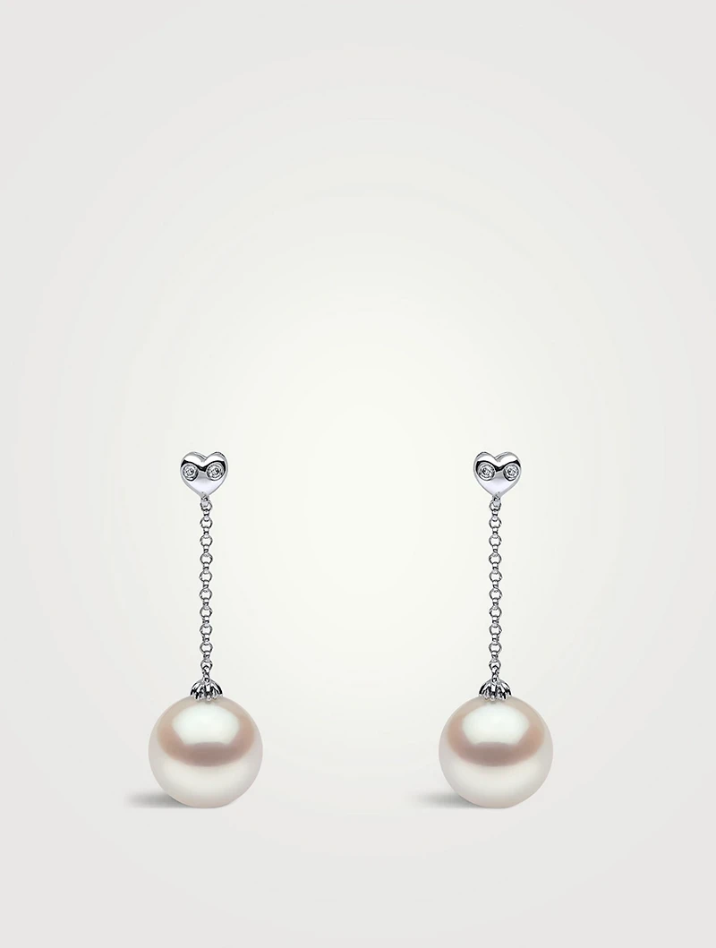 18K White Gold Pearl Drop Chain Earrings With Diamonds