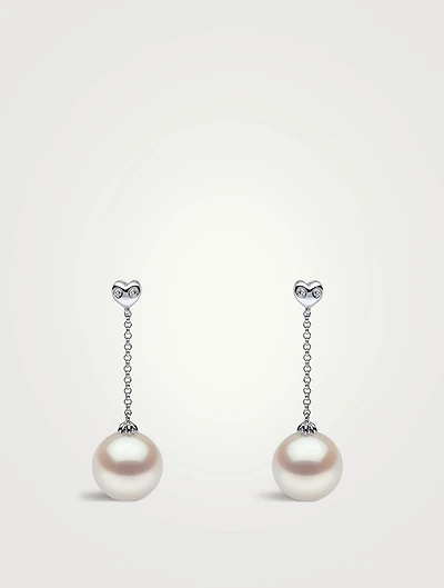 18K White Gold Pearl Drop Chain Earrings With Diamonds