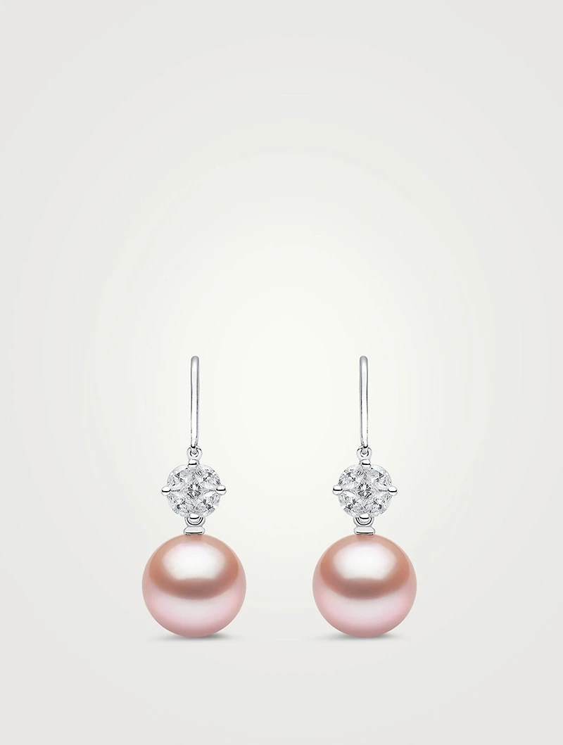 18K White Gold Pink Pearl Drop Earrings With Diamonds