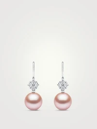 18K White Gold Pink Pearl Drop Earrings With Diamonds
