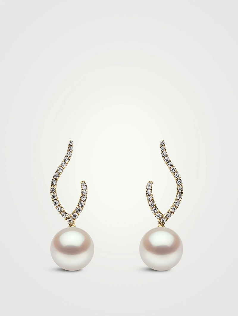 18K Gold Pearl Drop Earrings With Diamonds