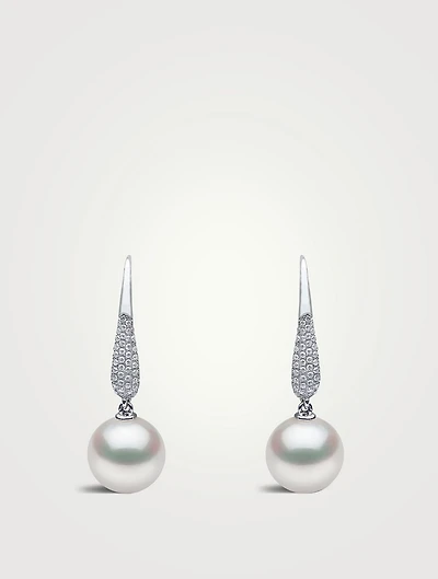 18K White Gold Pearl Drop Earrings With Diamonds