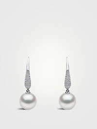 18K White Gold Pearl Drop Earrings With Diamonds