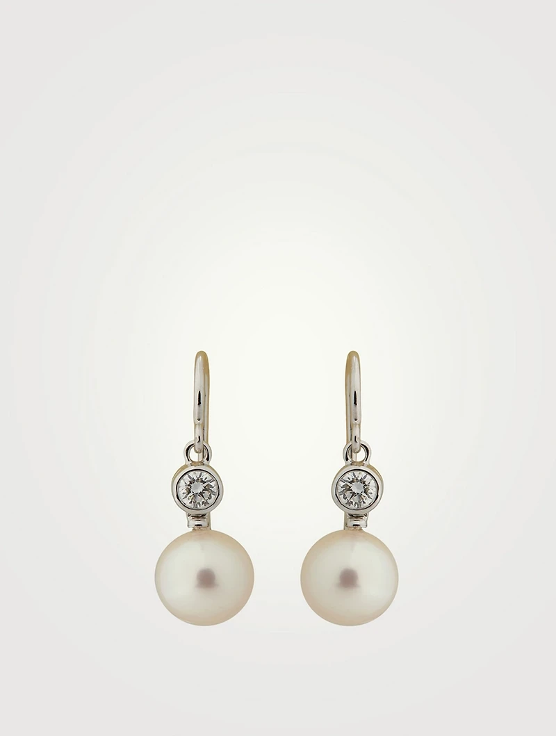18K White Gold Akoya Pearl Drop Earrings With Diamonds