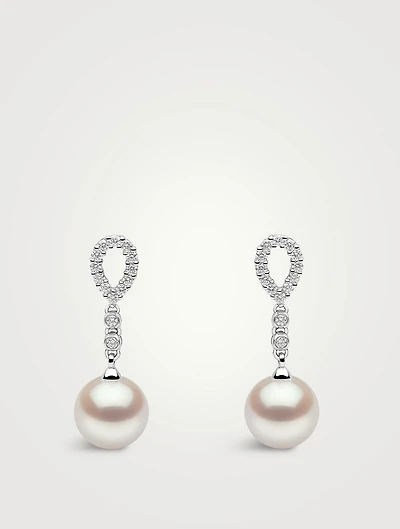 18K White Gold Pearl Drop Earrings With Diamonds