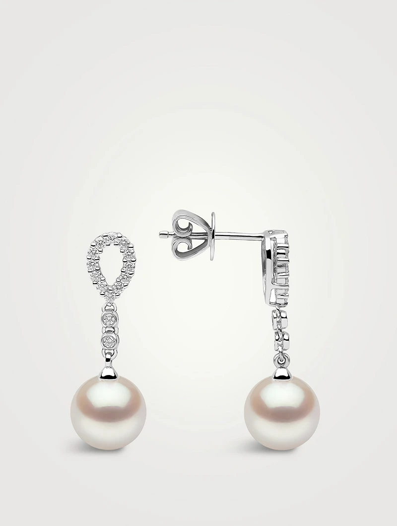 18K White Gold Pearl Drop Earrings With Diamonds