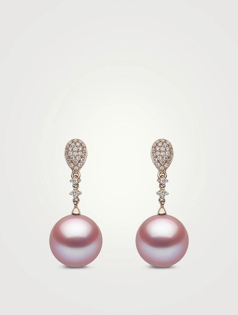 18K Rose Gold Pearl Drop Earrings With Diamonds