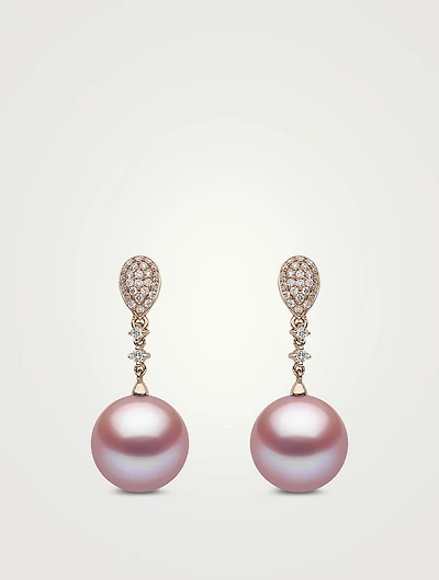 18K Rose Gold Pearl Drop Earrings With Diamonds