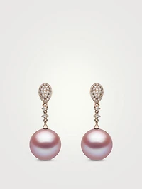 18K Rose Gold Pearl Drop Earrings With Diamonds