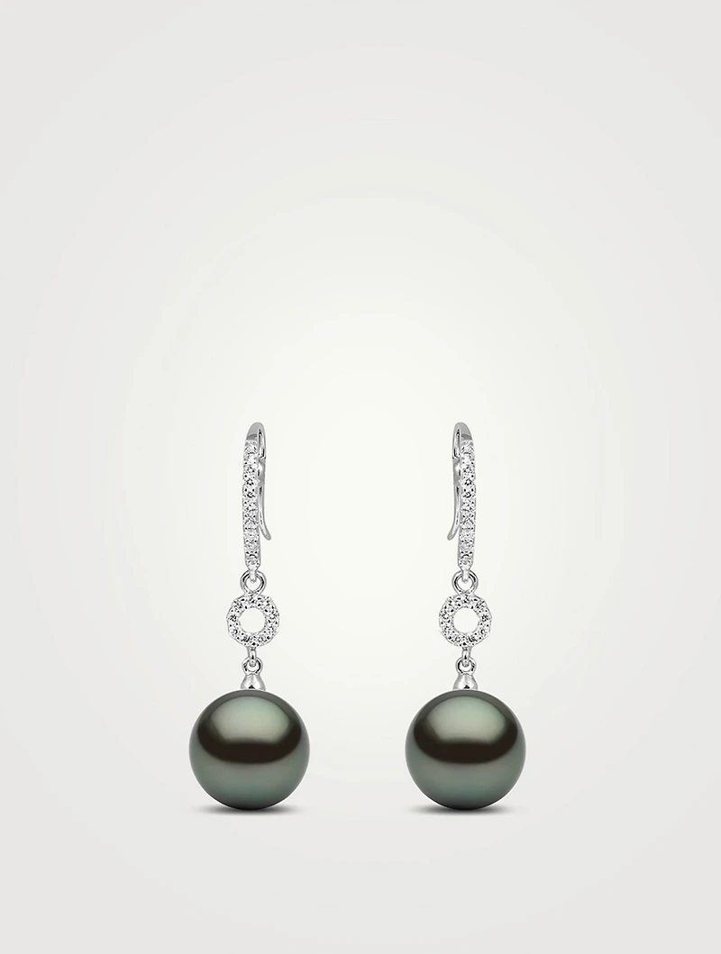 18K White Gold Tahitian Pearl Drop Earrings With Diamonds