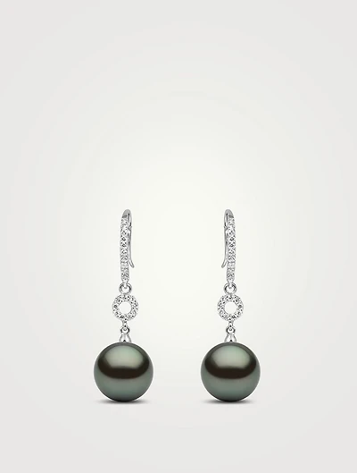 18K White Gold Tahitian Pearl Drop Earrings With Diamonds