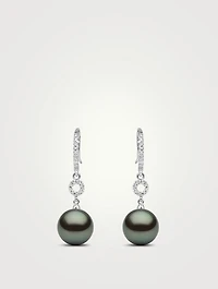 18K White Gold Tahitian Pearl Drop Earrings With Diamonds