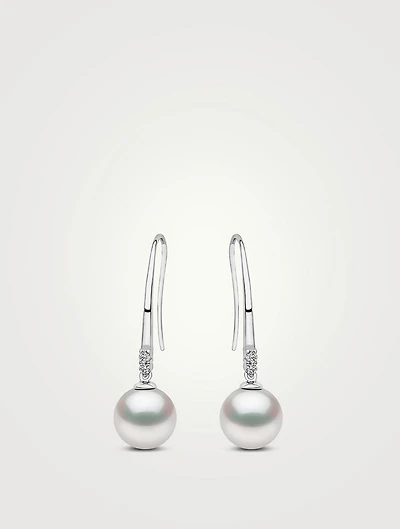 18K White Gold South Sea Pearl Drop Earrings With Diamonds